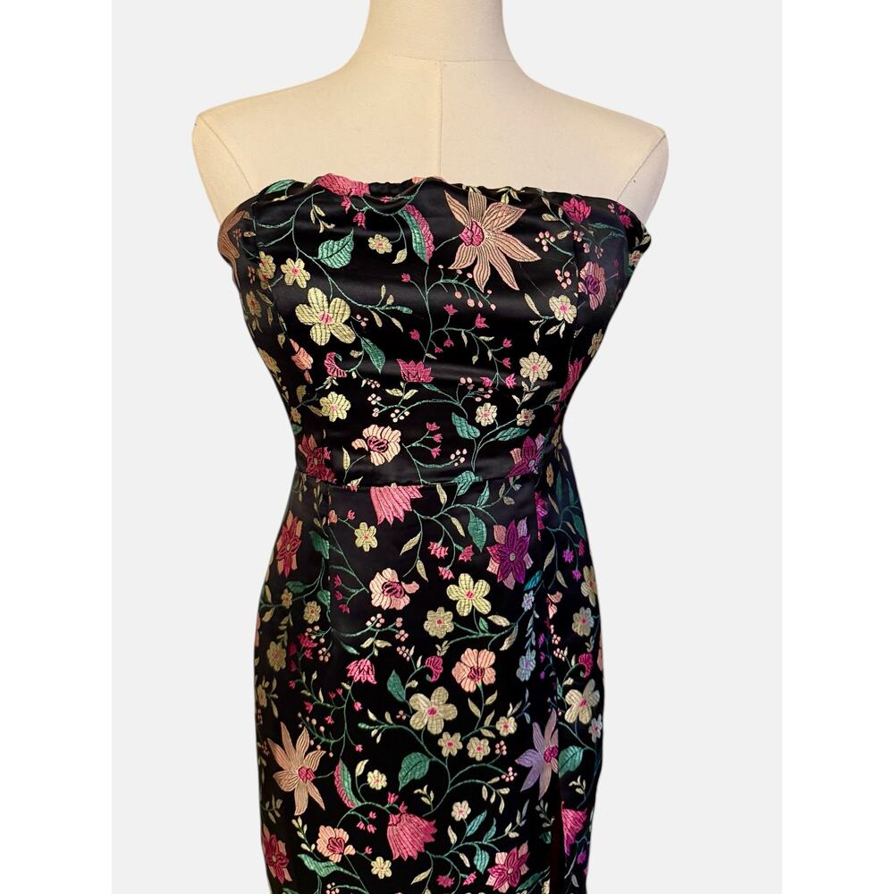 Lulus Make A Move Black Satin Floral Jacquard Midi Dress Size XS Side Slit Party - Picture 9 of 12
